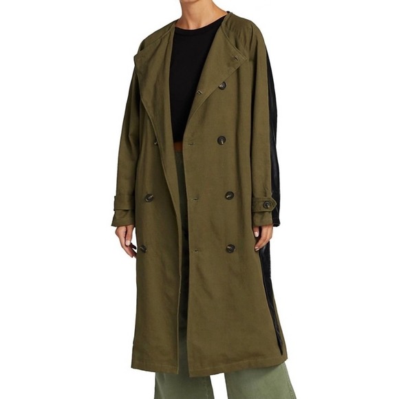 NWT NSF Gladys Contrast Belted Trench Coat Faux Leather Back in Olive Green Sz 2 - Picture 14 of 14